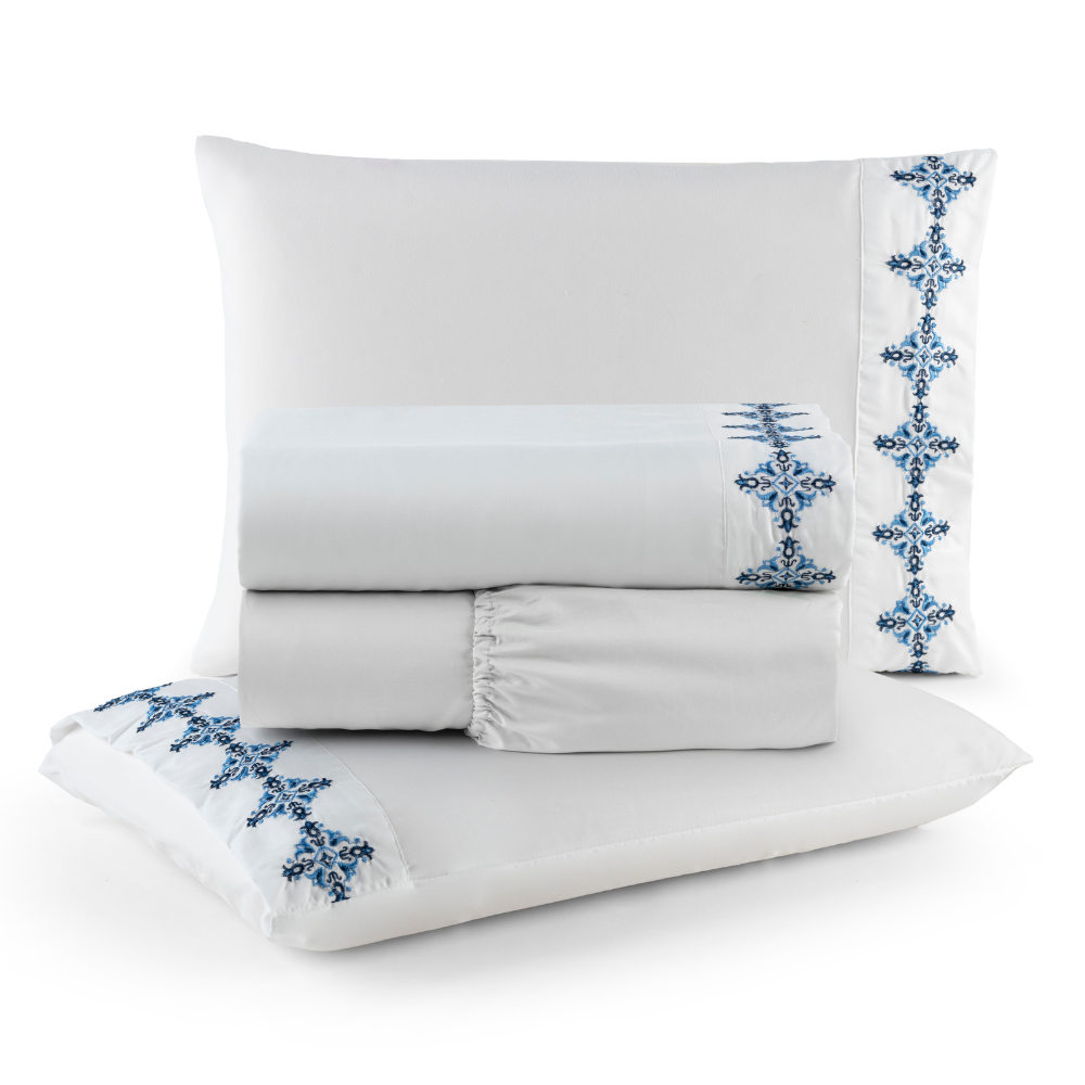 Jogo de Lençol Queen 4 Peças Paris Percal 300 Fios Bordado Branco