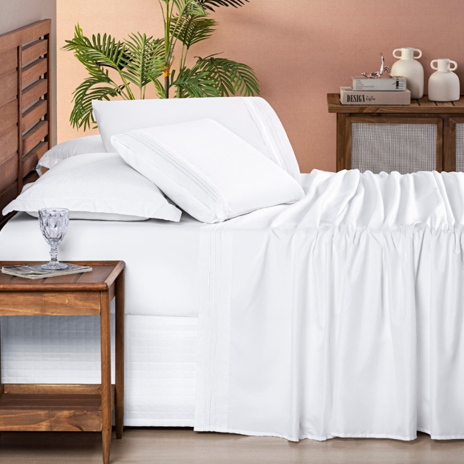 Jogo de Lençol Queen 4 Peças Paris Percal 300 Fios Bordado Branco Neve