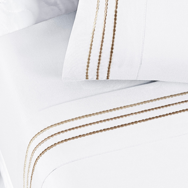 Jogo de Lençol Queen 4 Peças Paris Percal 300 Fios Bordado Branco Neve / Taupe