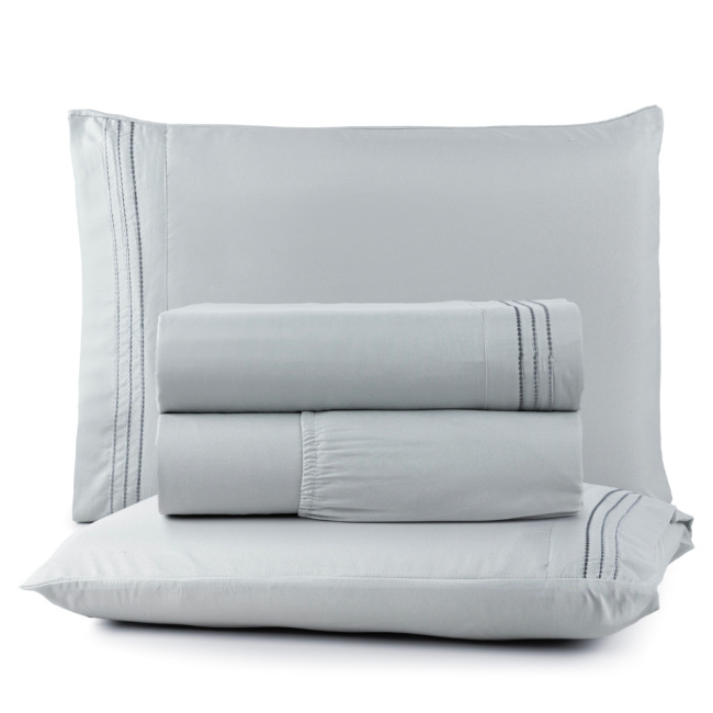 Jogo de Lençol Queen 4 Peças Paris Percal 300 Fios Bordado Cinza Geada