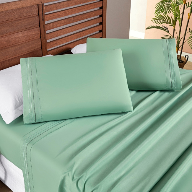 Jogo de Lençol Queen 4 Peças Paris Percal 300 Fios Bordado Salvia