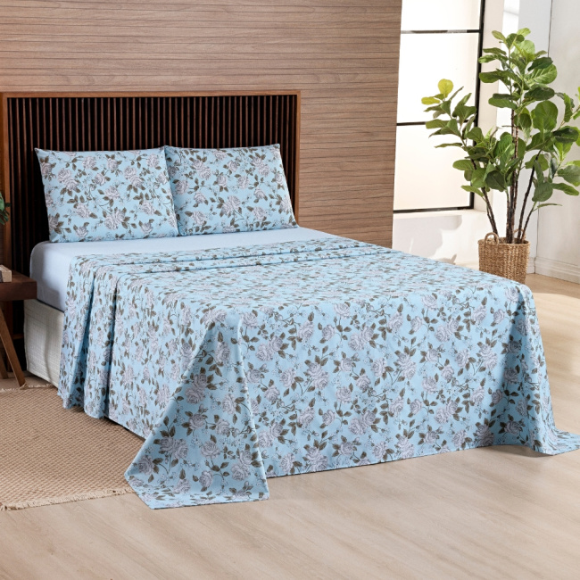 Jogo de Lençol Queen 4 Peças Percal 200 Fios Algodão Confort Estampado Floral Azul