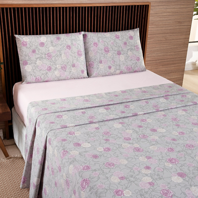 Jogo de Lençol Queen 4 Peças Percal 200 Fios Algodão Confort Estampado Floral Rosa