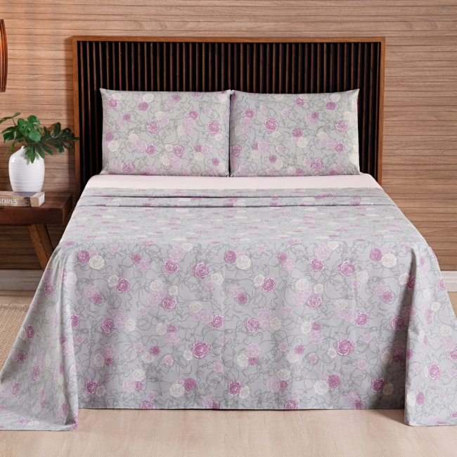 Jogo de Lençol Queen 4 Peças Percal 200 Fios Algodão Confort Estampado Floral Rosa