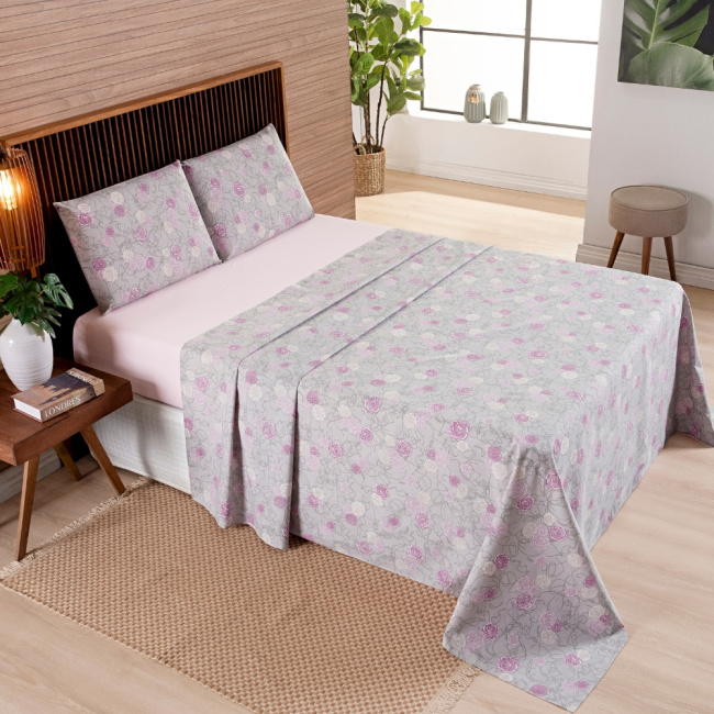 Jogo de Lençol Queen 4 Peças Percal 200 Fios Algodão Confort Estampado Floral Rosa