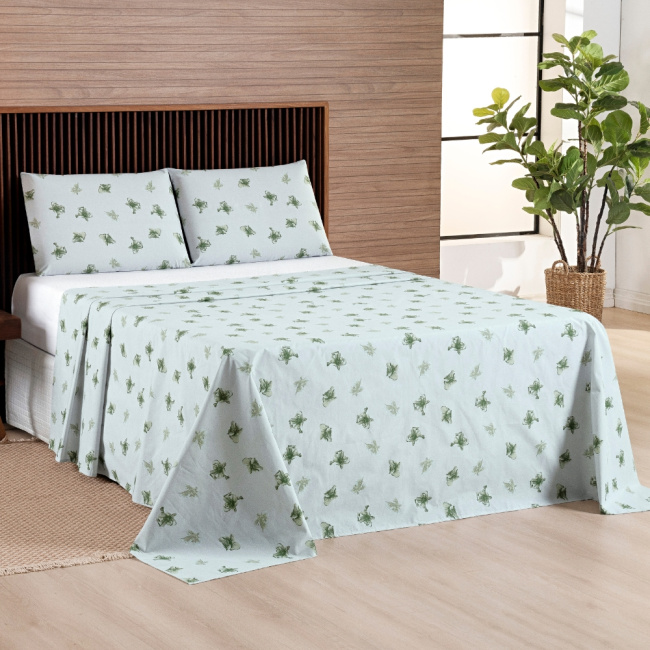 Jogo de Lençol Queen 4 Peças Percal 200 Fios Algodão Confort Estampado Lírio Verde