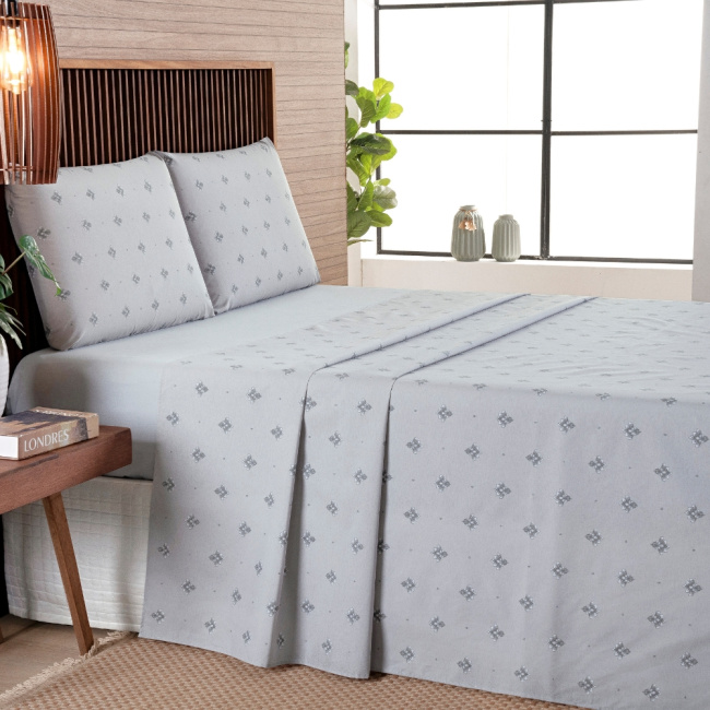 Jogo de Lençol Queen 4 Peças Percal 200 Fios Algodão Confort Estampado Lótus Cinza