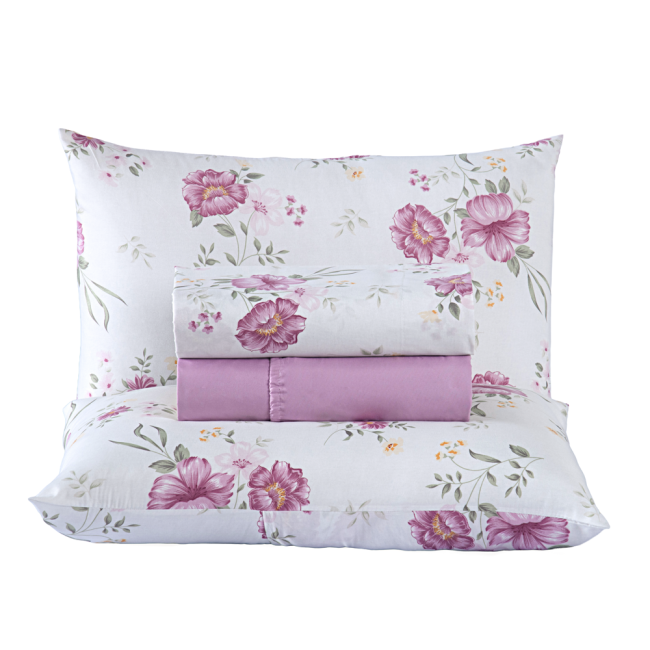 Jogo de Lençol Queen 4 Peças Percal 300 Fios Estampado Lisboa Floral Rosa