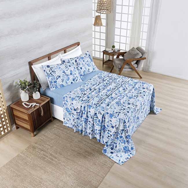 Jogo de Lençol Queen 4 Peças Percal 400 Fios Estampado Premier Floral Azul