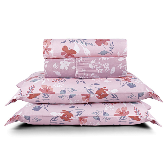 Jogo de Lençol Queen 4 Peças Percal 400 Fios Premier Estampado Floral Rosa