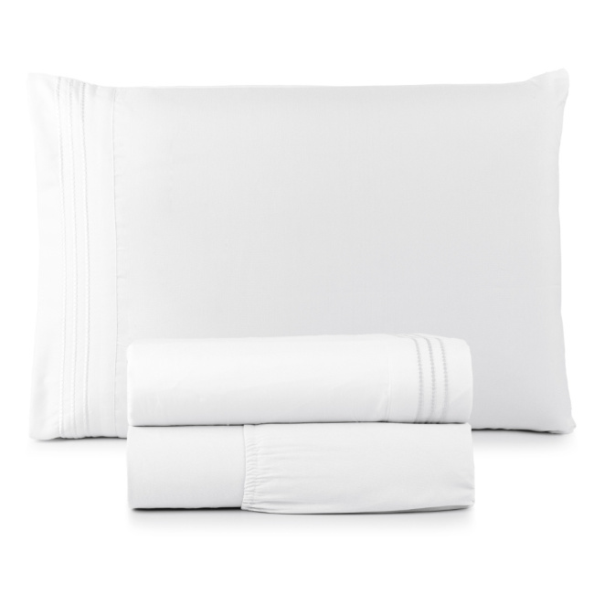 Jogo de Lençol Solteiro 3 Peças Paris Percal 300 Fios Bordado Branco Neve