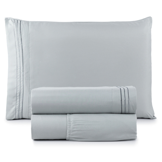 Jogo de Lençol Solteiro 3 Peças Paris Percal 300 Fios Bordado Cinza Geada