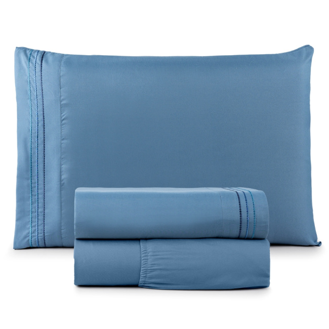 Jogo de Lençol Solteiro 3 Peças Paris Percal 300 Fios Bordado Ice Blue