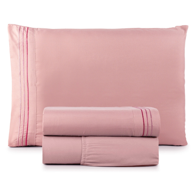 Jogo de Lençol Solteiro 3 Peças Paris Percal 300 Fios Bordado Sal Rosa