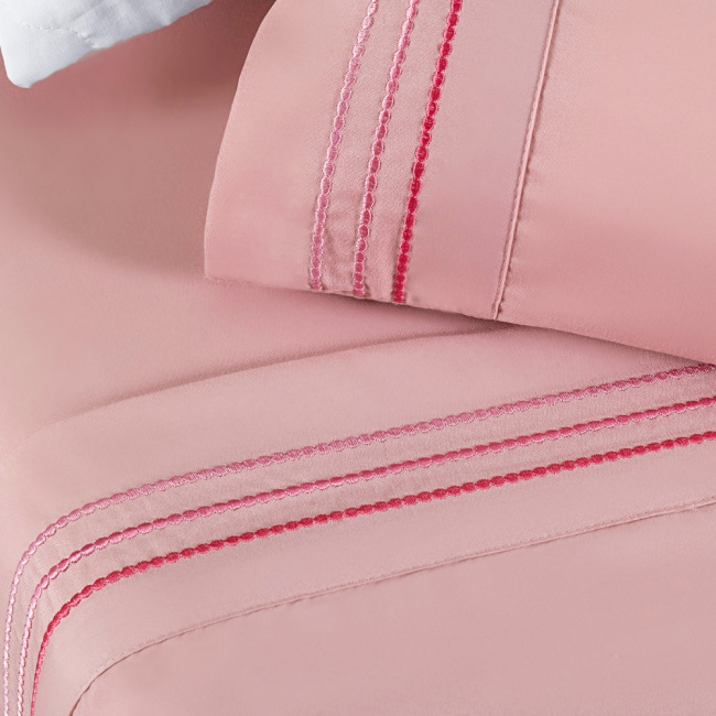 Jogo de Lençol Solteiro 3 Peças Paris Percal 300 Fios Bordado Sal Rosa