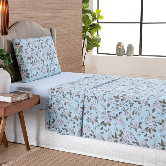 Jogo de Lençol Solteiro 3 Peças Percal 200 Fios Algodão Confort Estampado Floral Azul