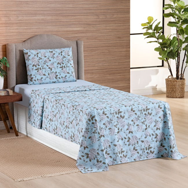 Jogo de Lençol Solteiro 3 Peças Percal 200 Fios Algodão Confort Estampado Floral Azul