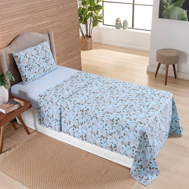 Jogo de Lençol Solteiro 3 Peças Percal 200 Fios Algodão Confort Estampado Floral Azul