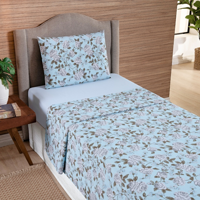 Jogo de Lençol Solteiro 3 Peças Percal 200 Fios Algodão Confort Estampado Floral Azul