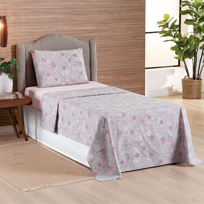 Jogo de Lençol Solteiro 3 Peças Percal 200 Fios Algodão Confort Estampado Floral Rosa