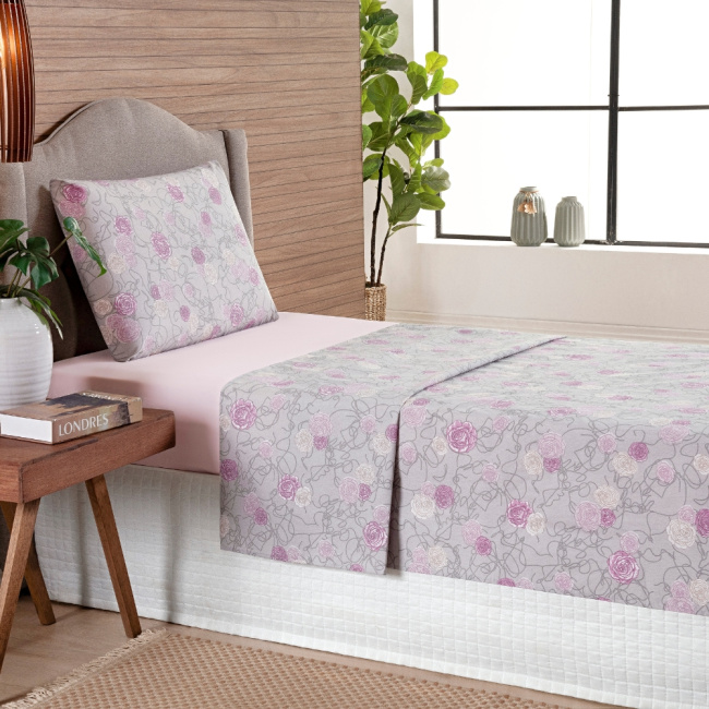 Jogo de Lençol Solteiro 3 Peças Percal 200 Fios Algodão Confort Estampado Floral Rosa