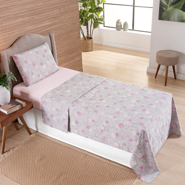 Jogo de Lençol Solteiro 3 Peças Percal 200 Fios Algodão Confort Estampado Floral Rosa
