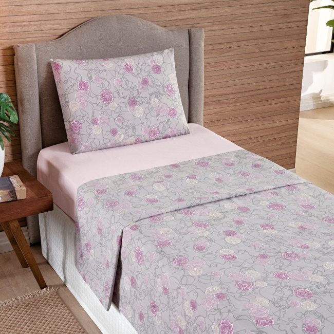 Jogo de Lençol Solteiro 3 Peças Percal 200 Fios Algodão Confort Estampado Floral Rosa