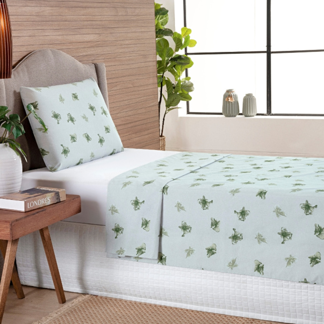 Jogo de Lençol Solteiro 3 Peças Percal 200 Fios Algodão Confort Estampado Lírio Verde