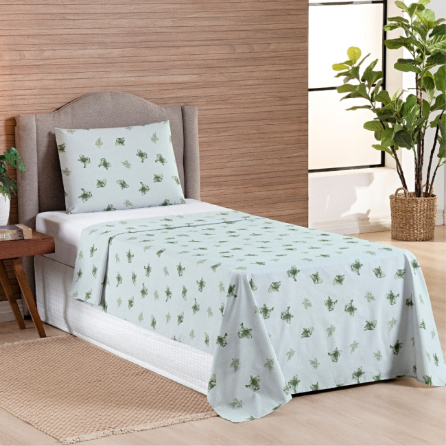 Jogo de Lençol Solteiro 3 Peças Percal 200 Fios Algodão Confort Estampado Lírio Verde