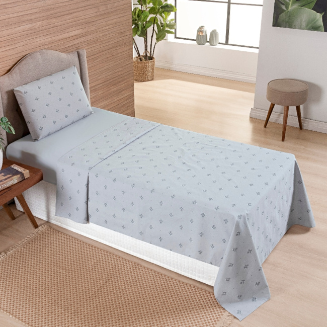 Jogo de Lençol Solteiro 3 Peças Percal 200 Fios Algodão Confort Estampado Lótus Cinza