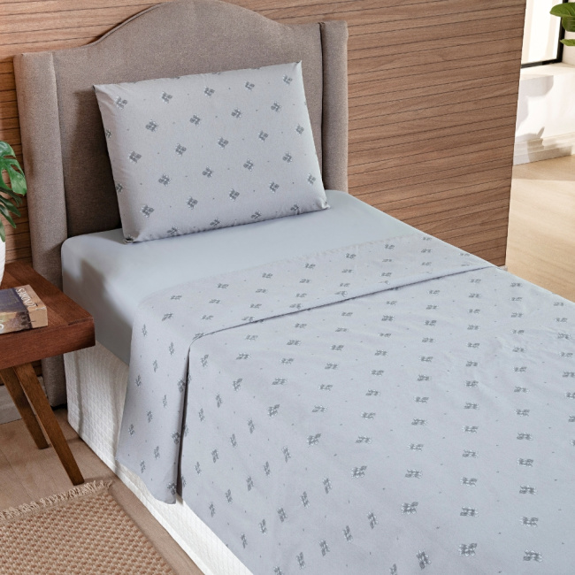 Jogo de Lençol Solteiro 3 Peças Percal 200 Fios Algodão Confort Estampado Lótus Cinza