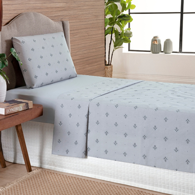 Jogo de Lençol Solteiro 3 Peças Percal 200 Fios Algodão Confort Estampado Lótus Cinza