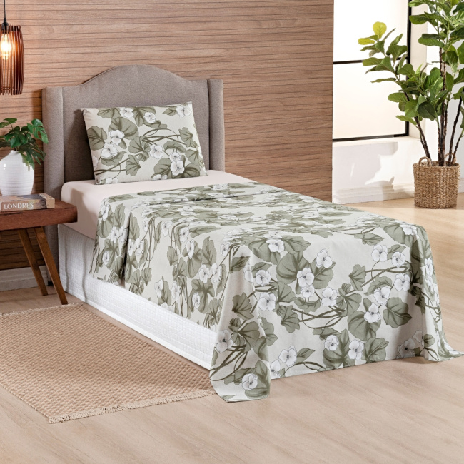 Jogo de Lençol Solteiro 3 Peças Percal 200 Fios Algodão Confort Estampado Magnólia Palha