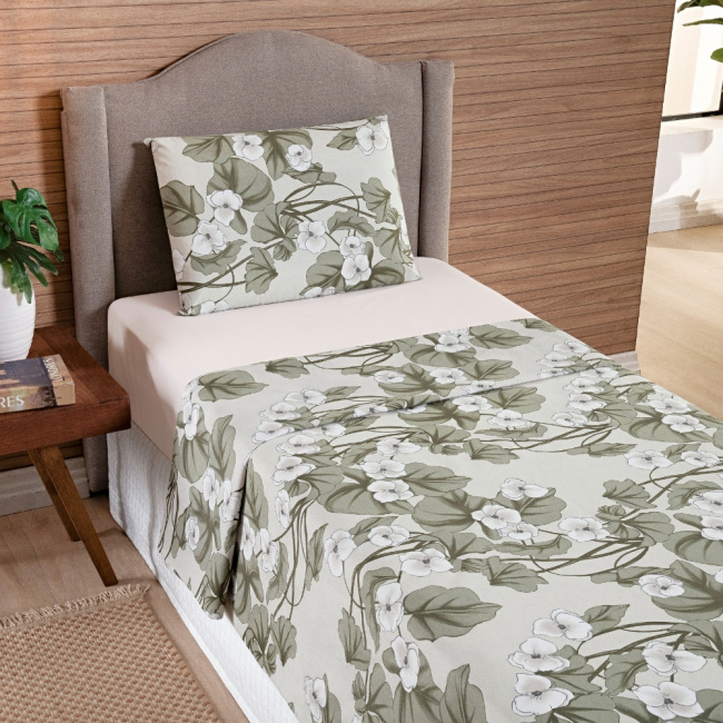 Jogo de Lençol Solteiro 3 Peças Percal 200 Fios Algodão Confort Estampado Magnólia Palha