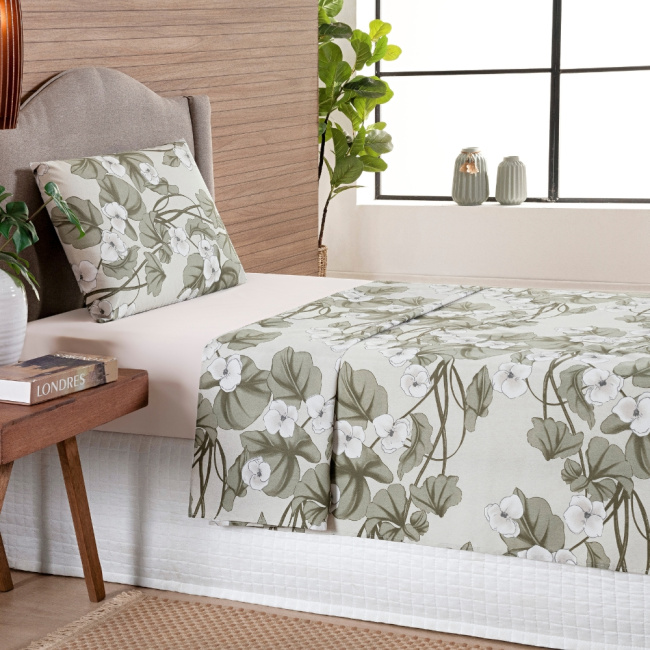 Jogo de Lençol Solteiro 3 Peças Percal 200 Fios Algodão Confort Estampado Magnólia Palha