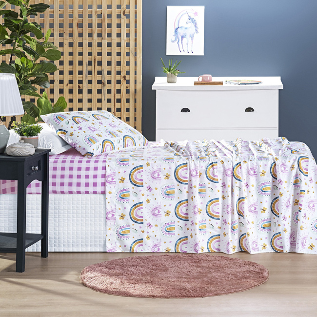 Jogo De Lençol Solteiro 3 Peças Percal 300 Fios Infantil Colorê Estampado Arco-Íris
