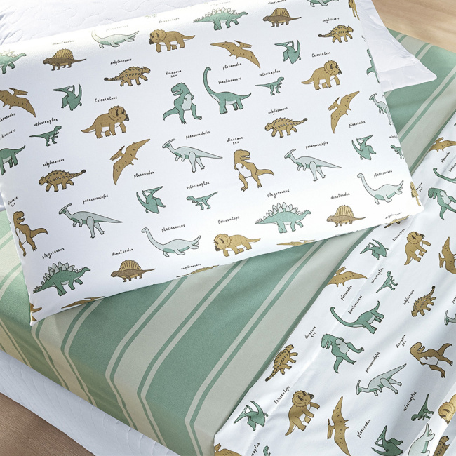 Jogo De Lençol Solteiro 3 Peças Percal 300 Fios Infantil Colorê Estampado Dino