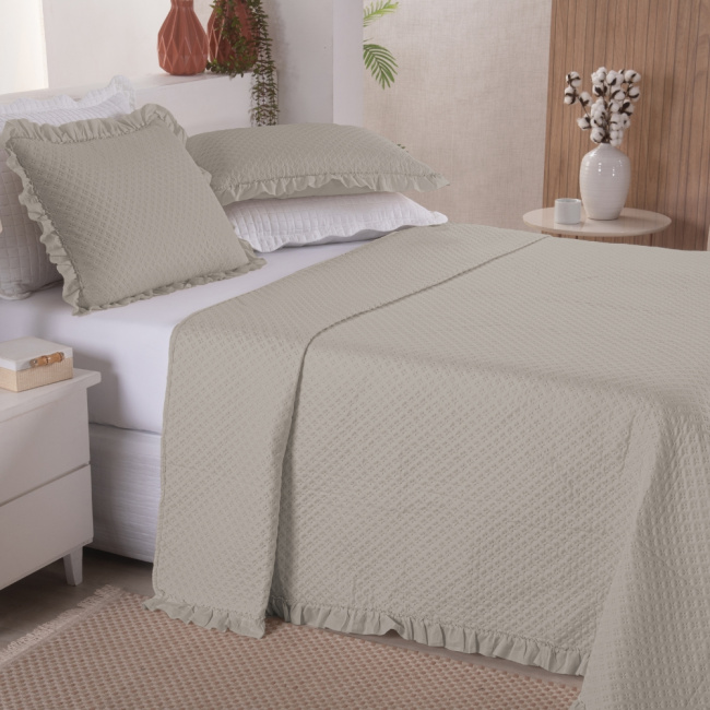 Kit Cobre Leito Colcha Casal 3 Peças Amore Matelado Dupla Face Cáqui