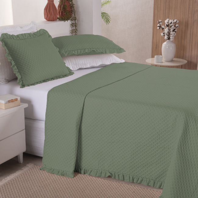 Kit Cobre Leito Colcha Casal 3 Peças Amore Matelado Dupla Face Verde
