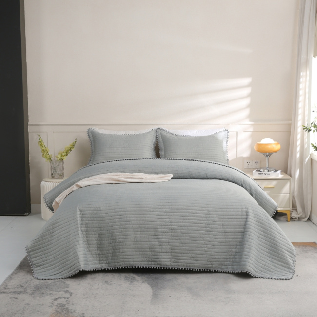 Kit Cobre Leito Colcha Casal 3 Peças Matelado PomPom 300 Fios Cinza