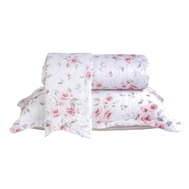 Kit Cobre Leito Colcha Casal Padrão 3 Peças Boutis Estampada Dupla Face Charme Rosê