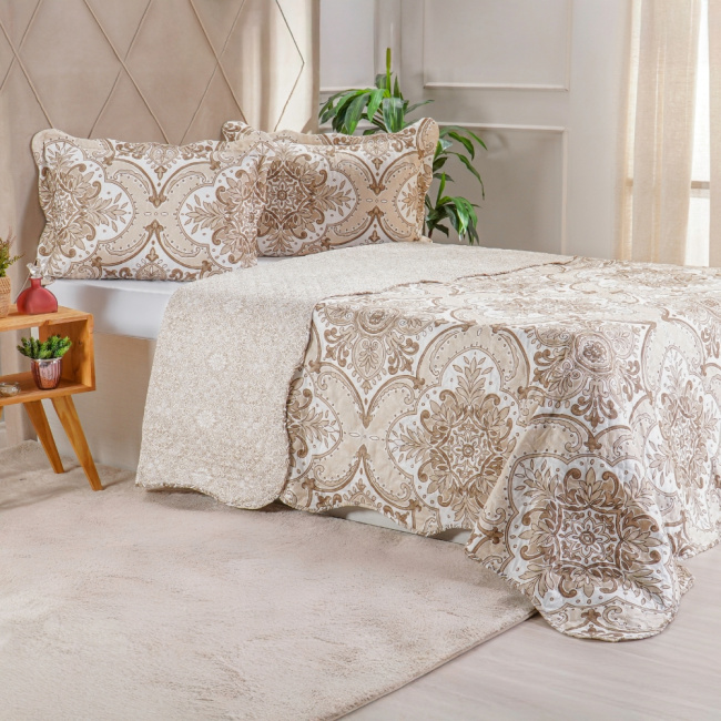 Kit Cobre Leito Colcha Casal Padrão 3 Peças Boutis Estampada Dupla Face Istambul Areia