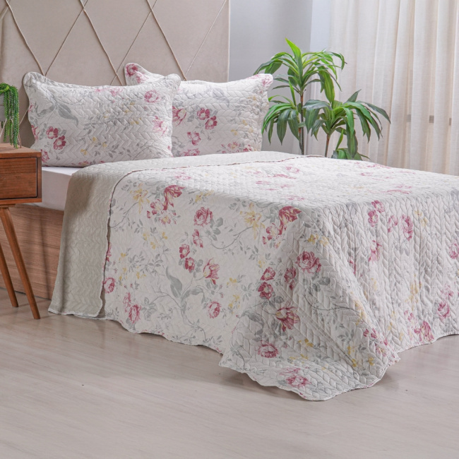 Kit Cobre Leito Colcha Casal Padrão 3 Peças Boutis Estampada Dupla Face Jade