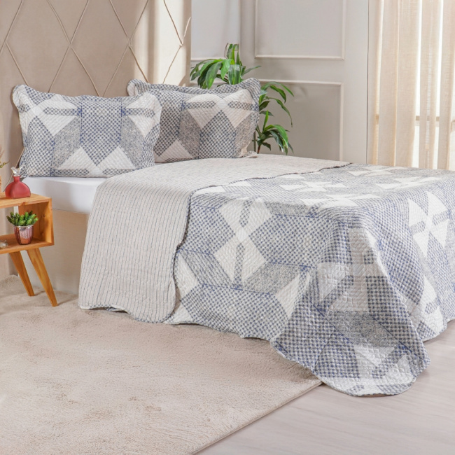 Kit Cobre Leito Colcha Casal Padrão 3 Peças Boutis Estampada Dupla Face Patchwork Azul