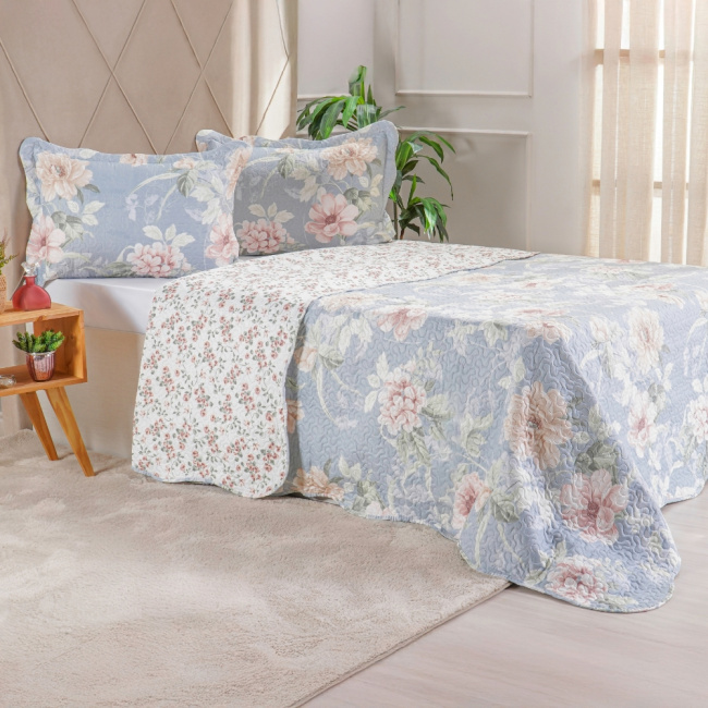 Kit Cobre Leito Colcha Casal Padrão 3 Peças Boutis Estampada Dupla Face Toscana Azul