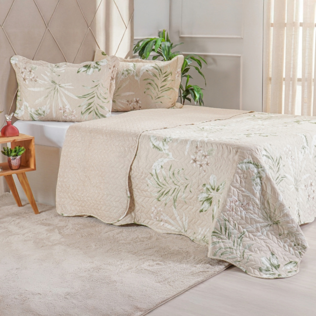Kit Cobre Leito Colcha King 3 Peças Boutis Estampada Dupla Face Botanic Fendi