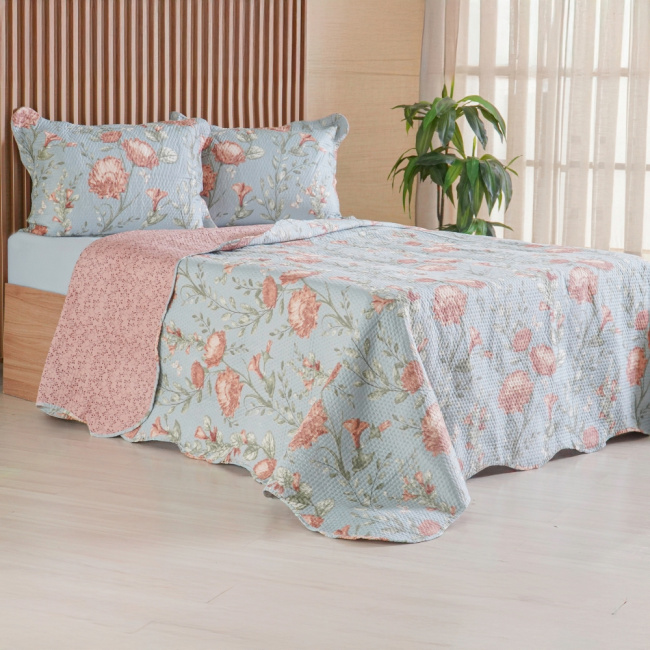Kit Cobre Leito Colcha King 3 Peças Boutis Estampada Dupla Face Fiori