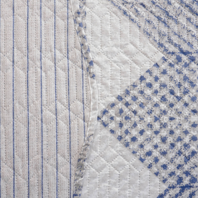 Kit Cobre Leito Colcha King 3 Peças Boutis Estampada Dupla Face Patchwork Azul
