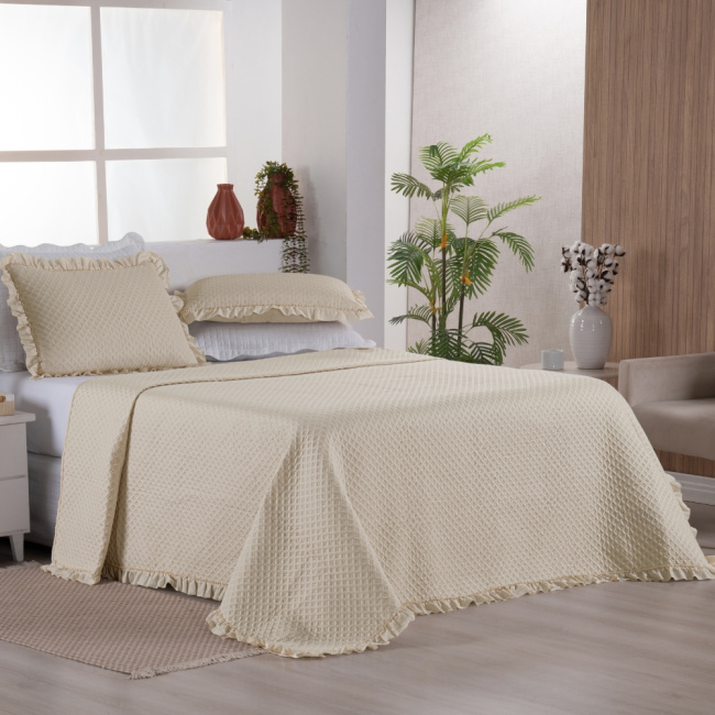 Kit Cobre Leito Colcha Queen 3 Peças Amore Matelado Dupla Face Palha