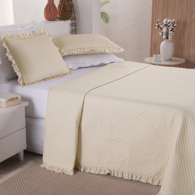 Kit Cobre Leito Colcha Queen 3 Peças Amore Matelado Dupla Face Palha